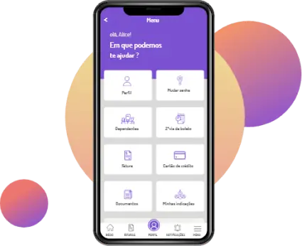 Menu principal do aplicativo Amar Assist exibido em um smartphone