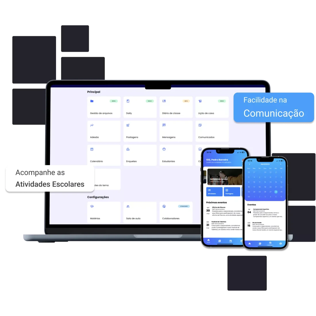 Sistema web e aplicativo AppEdu exibidos em um notebook e em dois smartphones