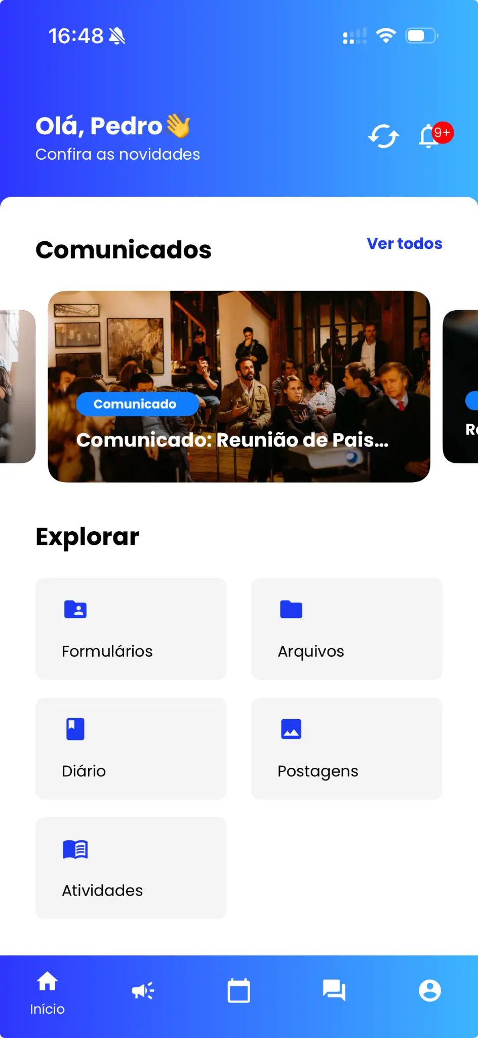 Tela inicial do aplicativo AppEdu, com comunicados e atalhos