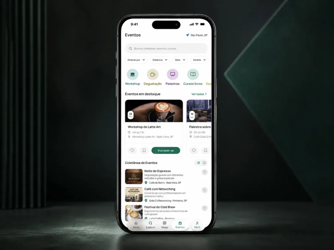 Aplicativo Cafeinapp exibido em um smartphone, com eventos e cafeterias
