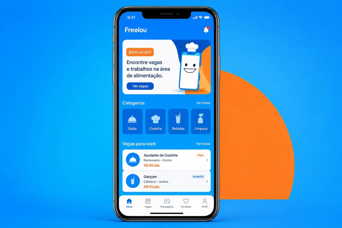 Aplicativo Freelou exibido em um smartphone, com vagas na área de alimentação