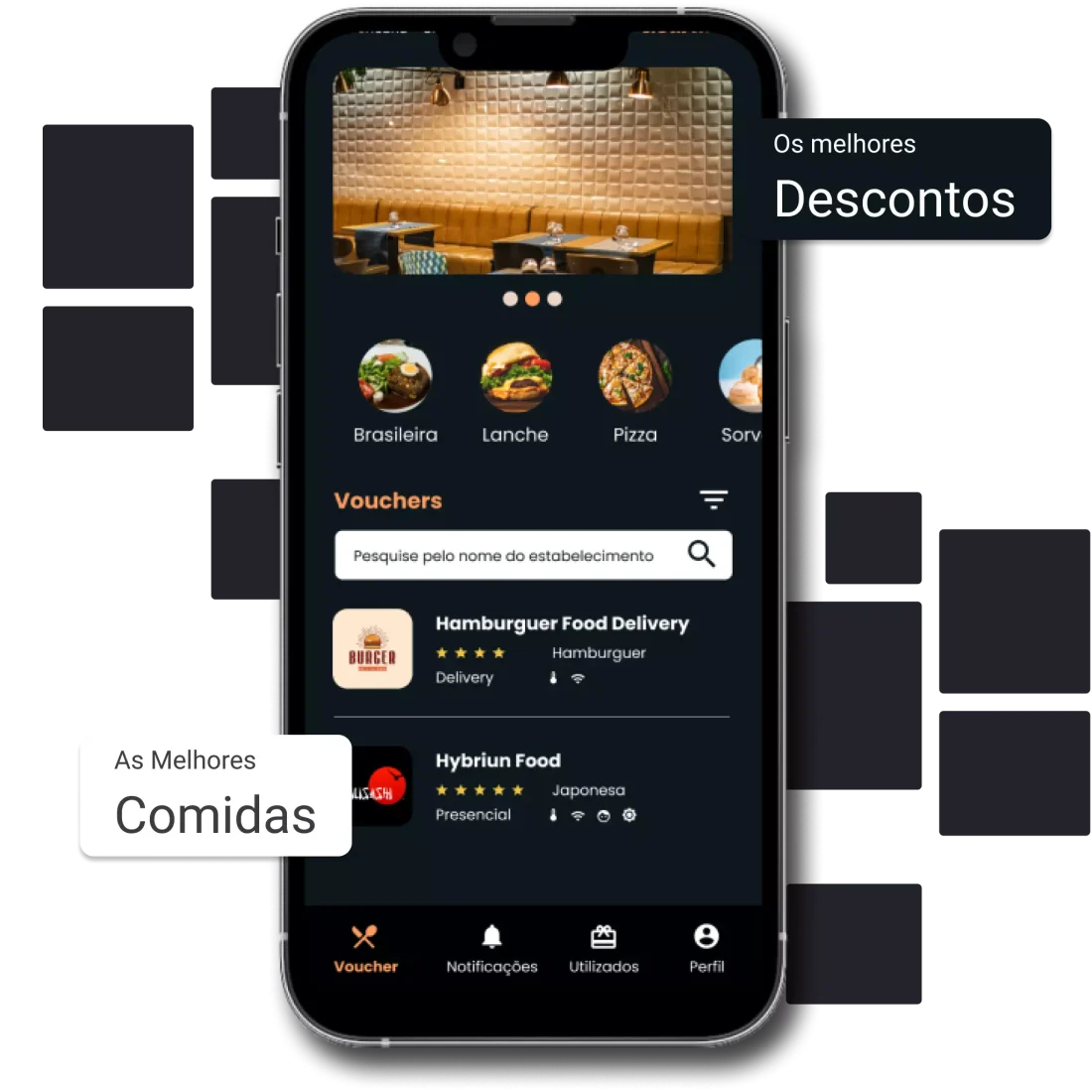 Aplicativo Mais Gourmet exibido em um smartphone, com vouchers de restaurantes