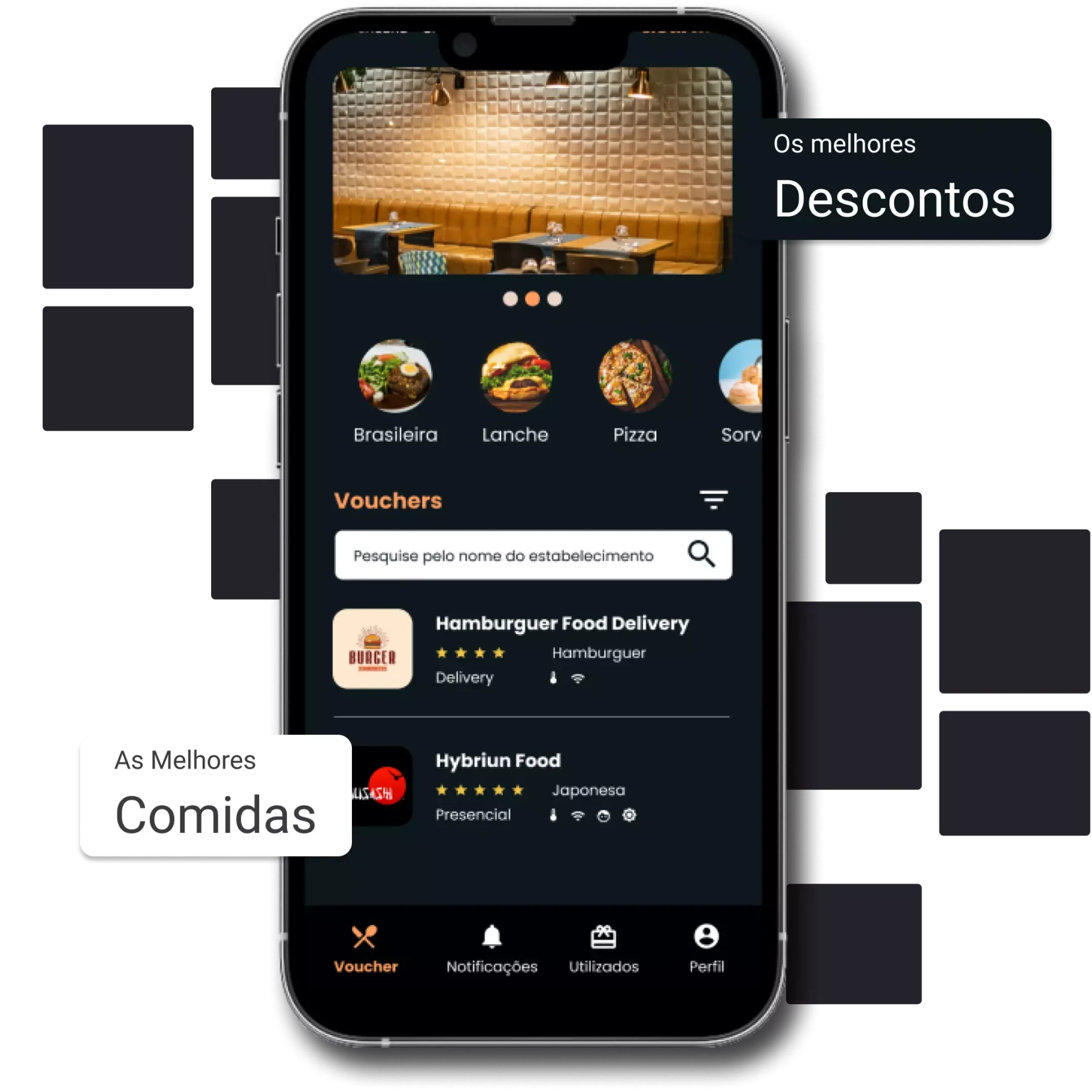 Aplicativo Mais Gourmet exibido em um smartphone, com vouchers de restaurantes