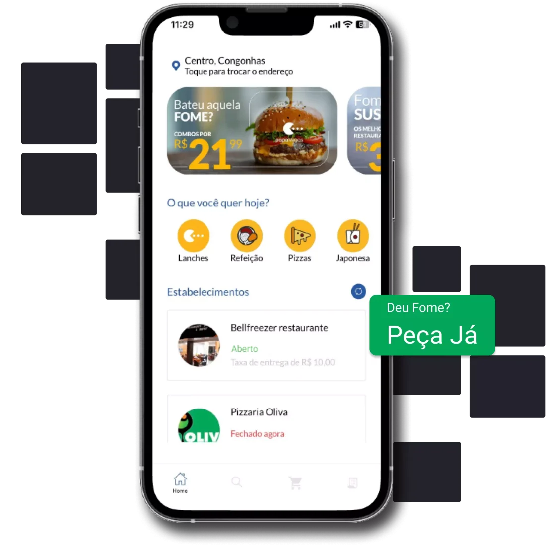 Aplicativo Papa Vegas exibido em um smartphone, com estabelecimentos e categorias