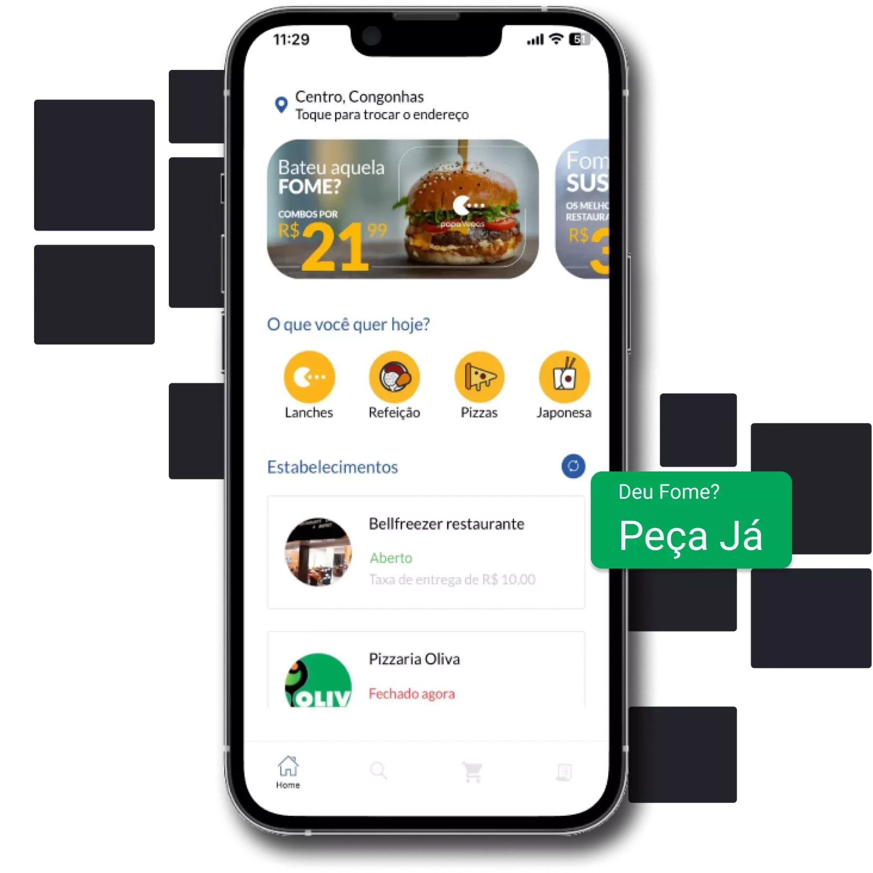 Aplicativo Papa Vegas exibido em um smartphone, com estabelecimentos e categorias