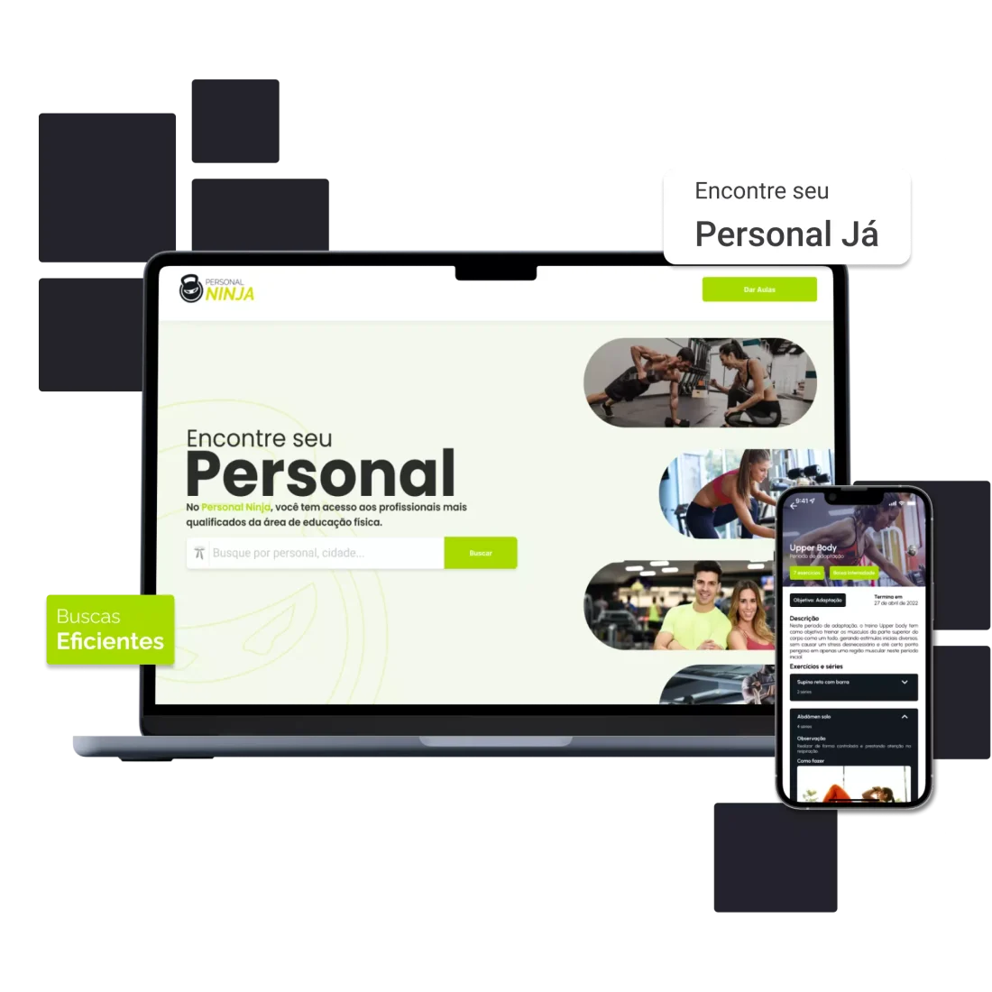 Site e aplicativo Personal Ninja exibidos em um notebook e em um smartphone