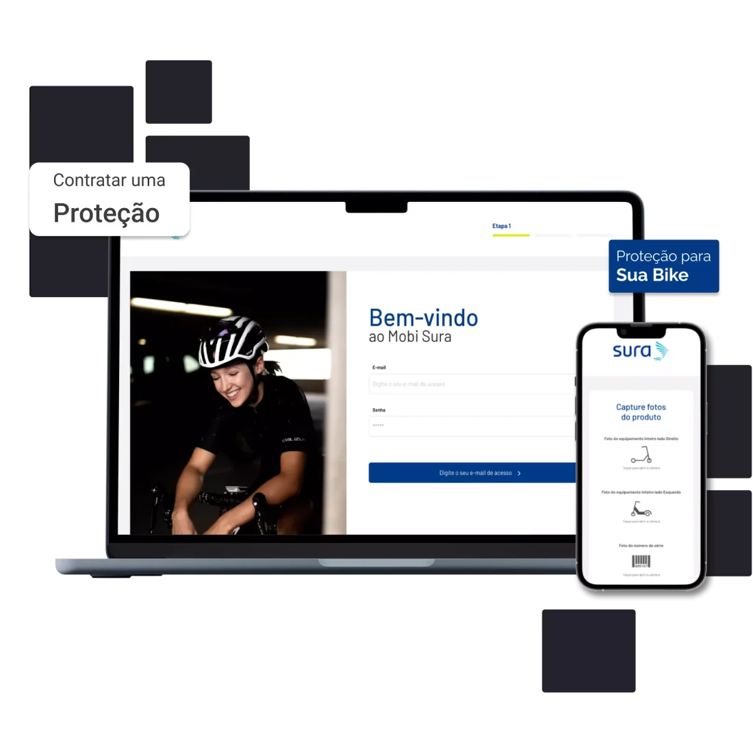 Fluxo de contratação de seguro para bicicletas da Sura em notebook e smartphone